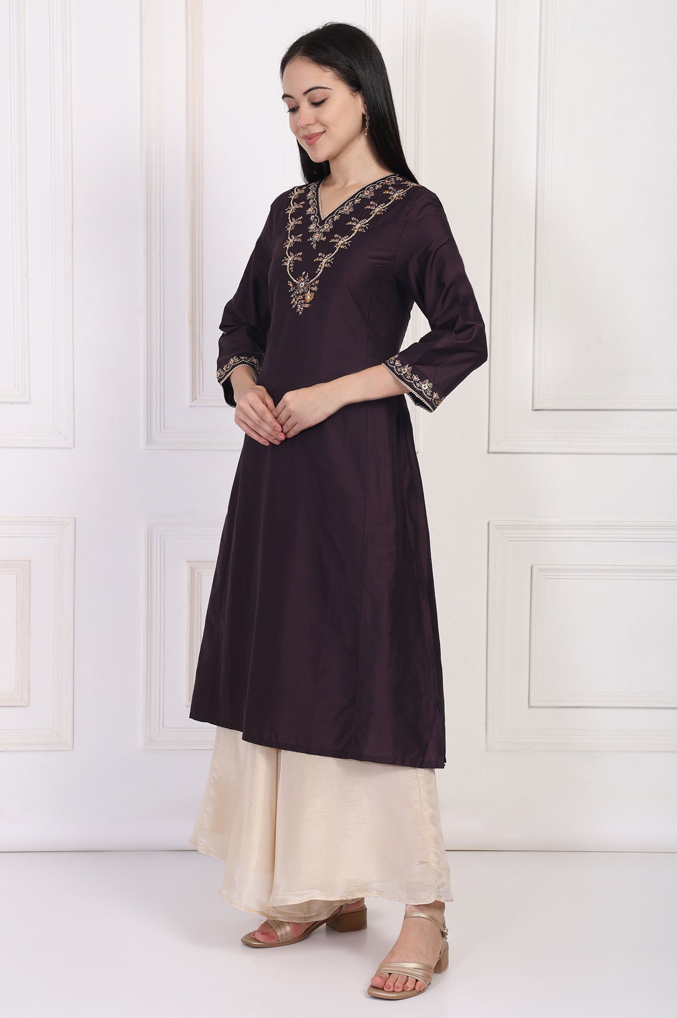 W for Woman Maroon Embroidered Flared Kurta