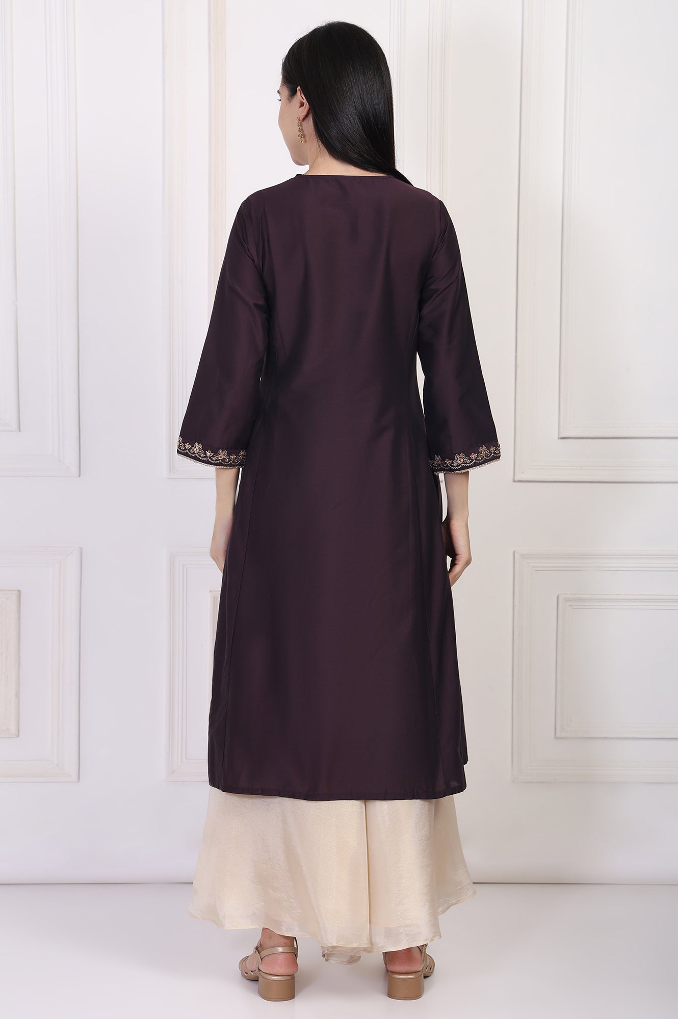 W for Woman Maroon Embroidered Flared Kurta