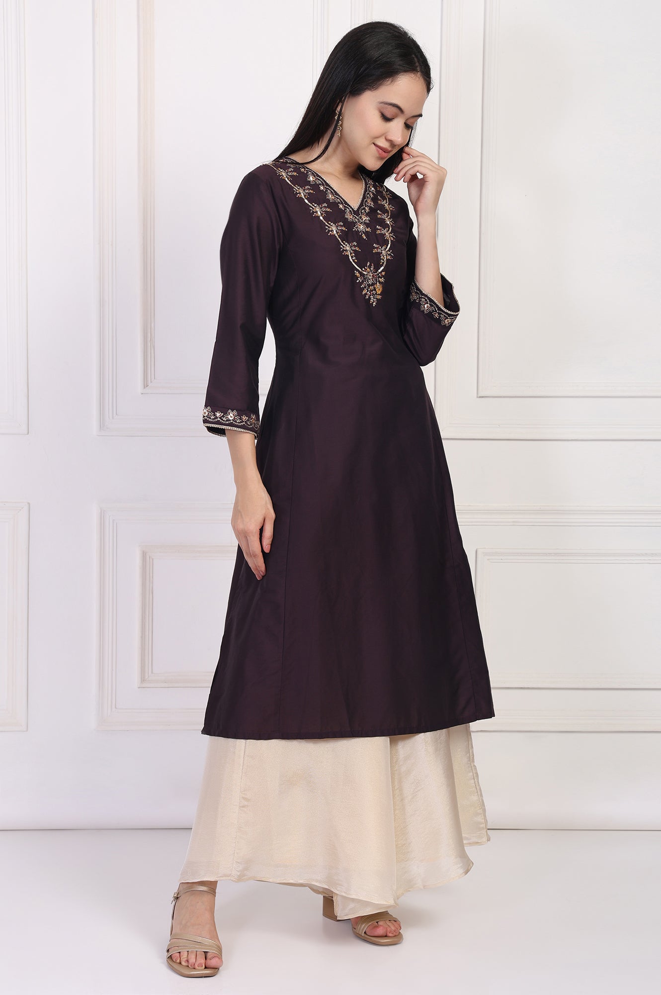 W for Woman Maroon Embroidered Flared Kurta