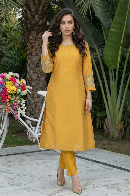 W for Woman Mustard Embroidered A-Line Rayon Kurta