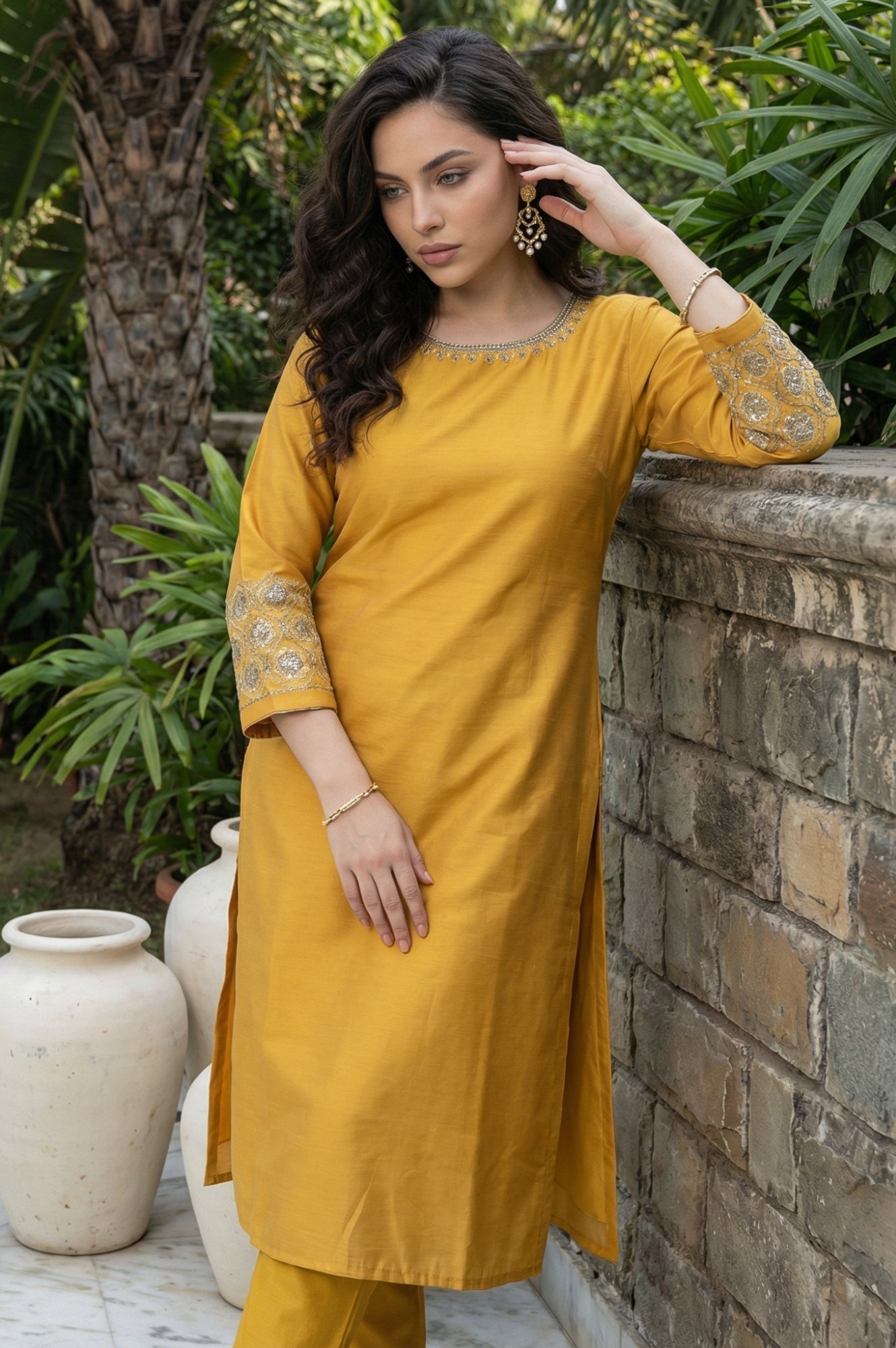 W for Woman Mustard Embroidered A-Line Rayon Kurta