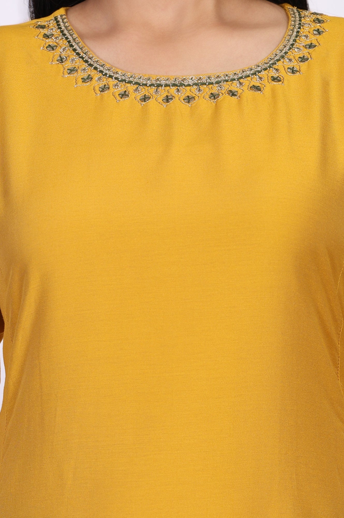 W for Woman Mustard Embroidered A-Line Rayon Kurta