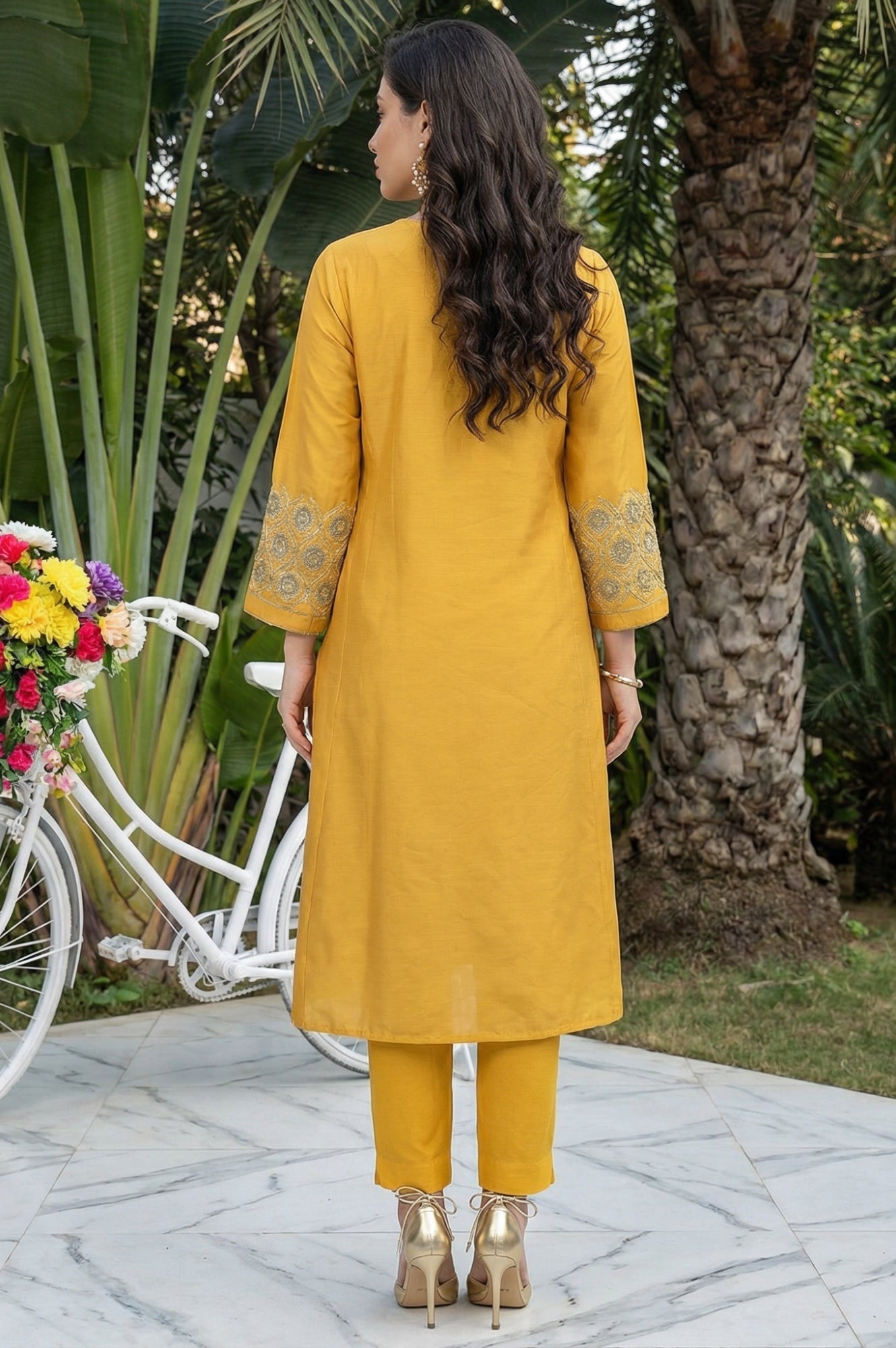 W for Woman Mustard Embroidered A-Line Rayon Kurta