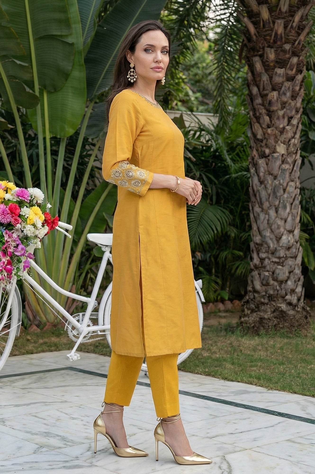W for Woman Mustard Embroidered A-Line Rayon Kurta