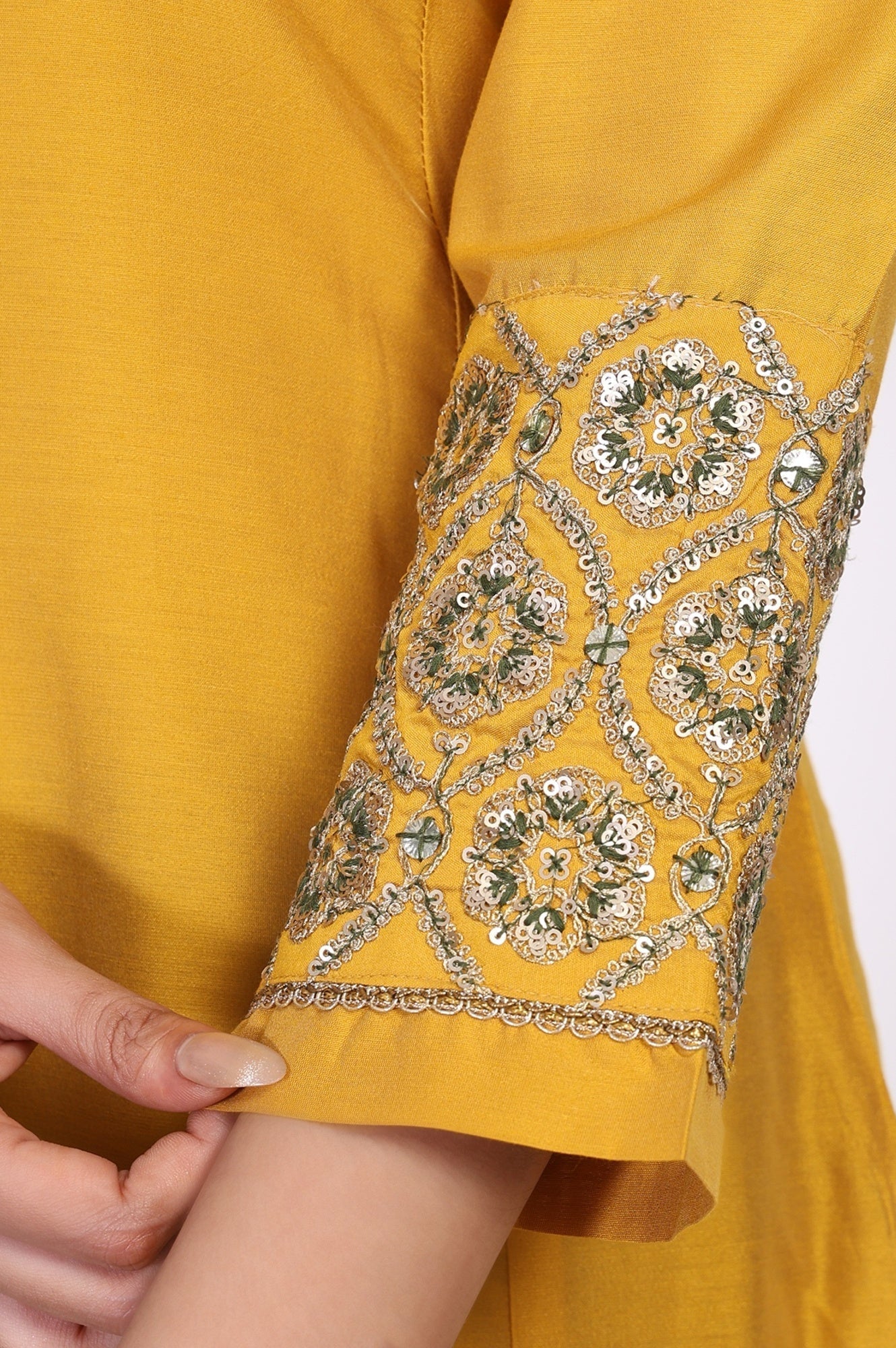 W for Woman Mustard Embroidered A-Line Rayon Kurta