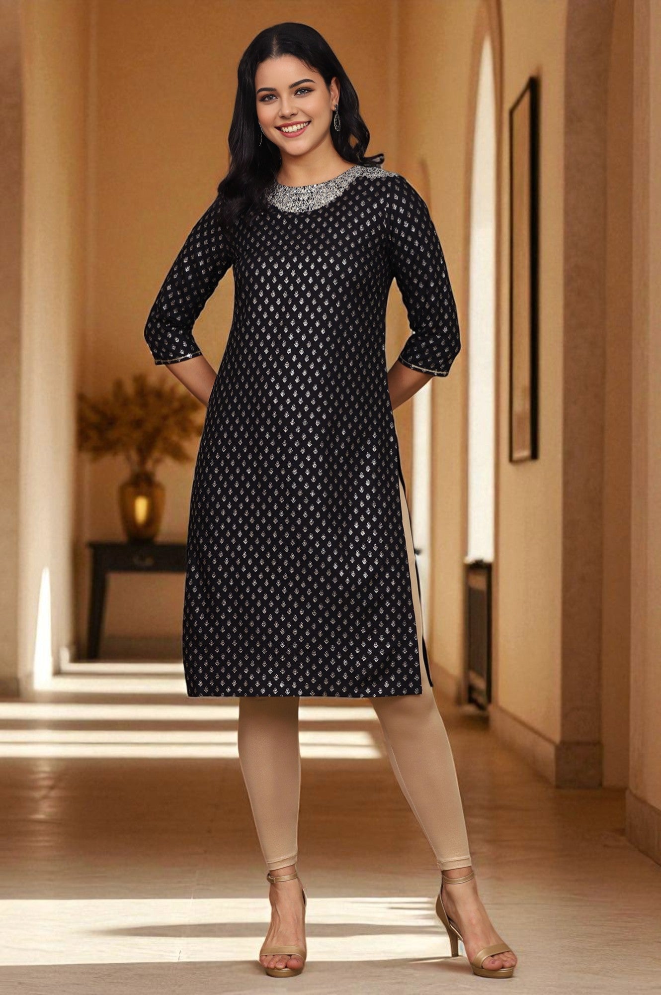 W for Woman Black Glitter Printed Rayon Straight Kurta with Embroidered Neck