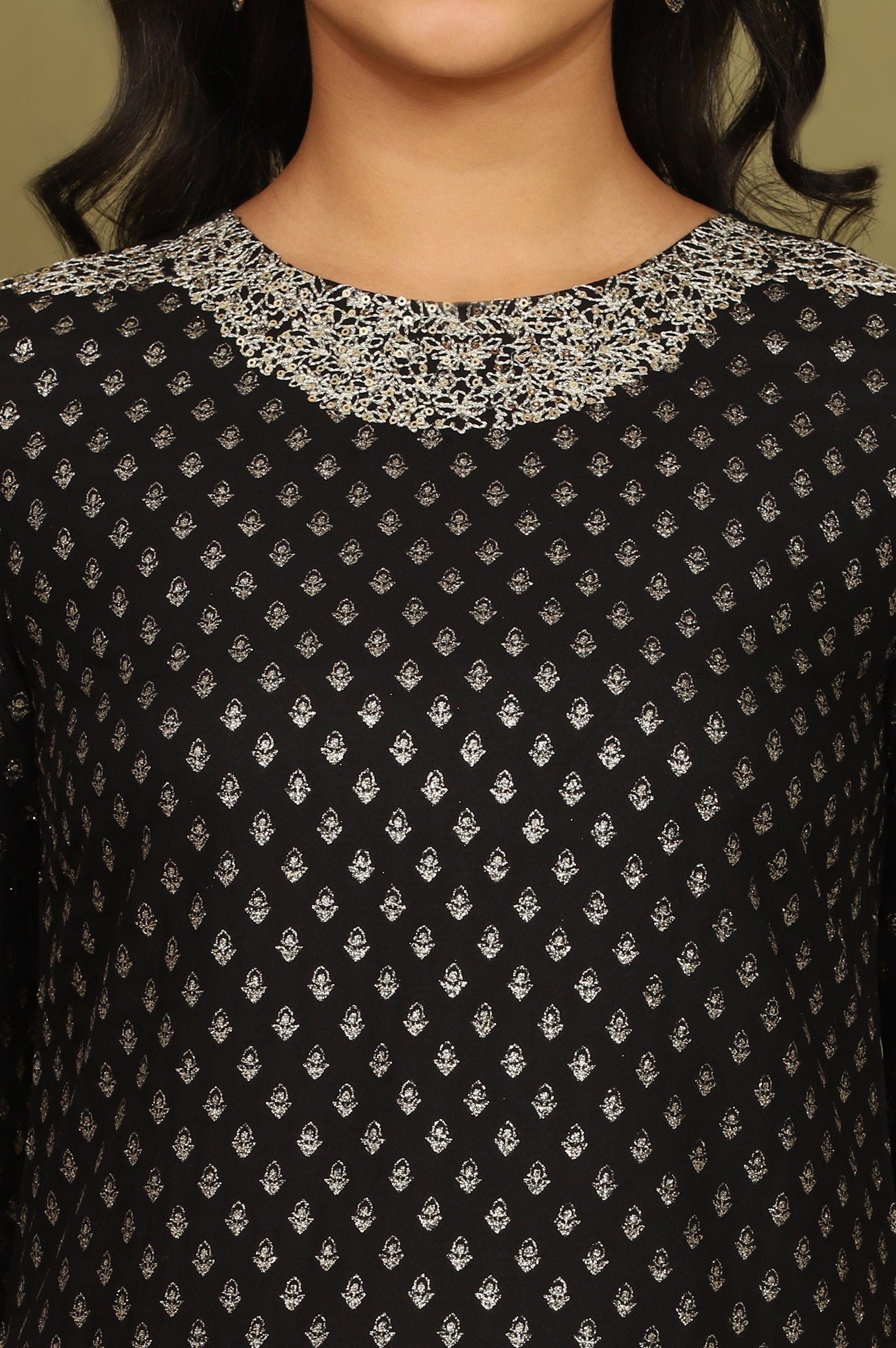 W for Woman Black Glitter Printed Rayon Straight Kurta with Embroidered Neck