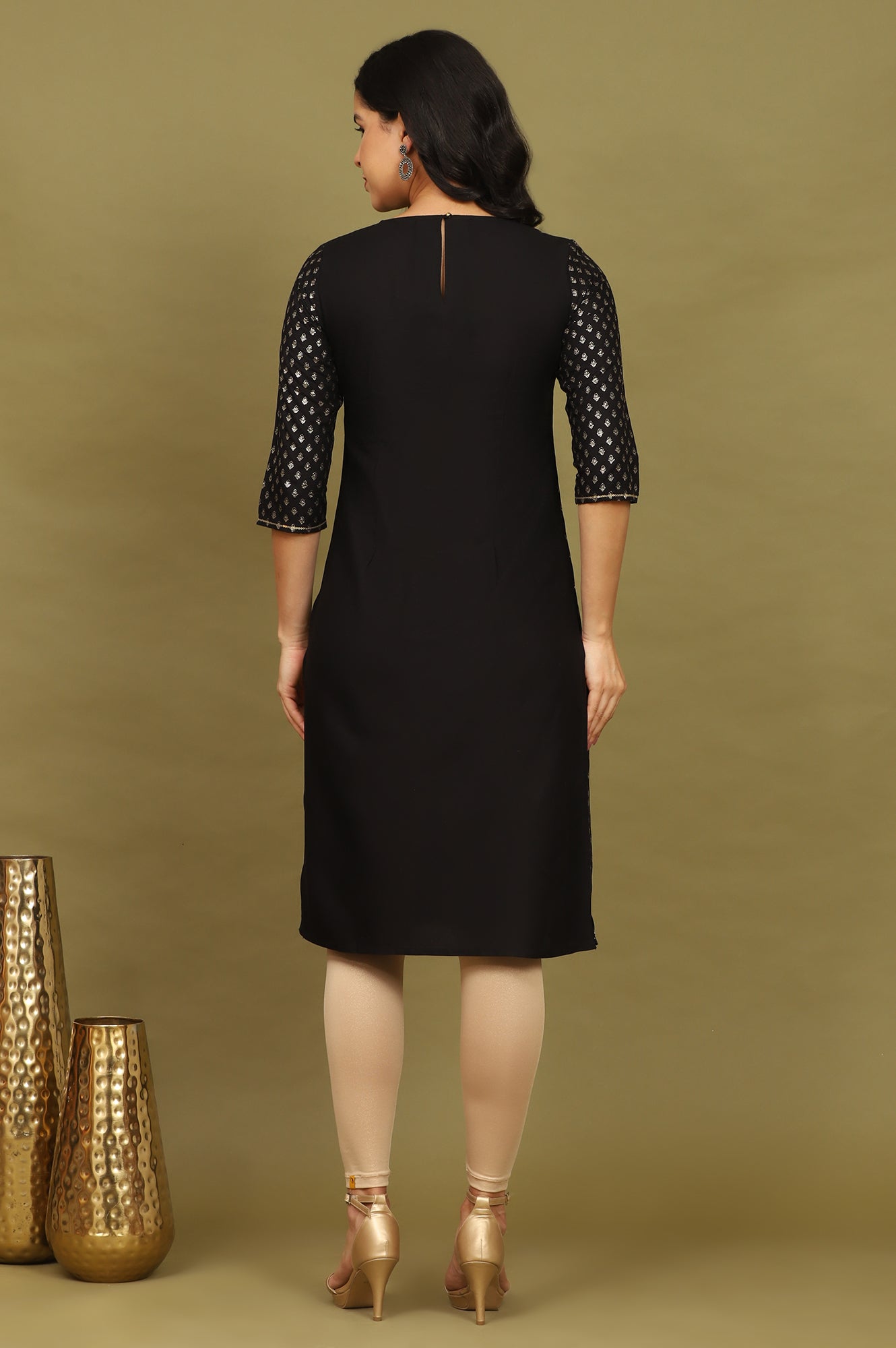 W for Woman Black Glitter Printed Rayon Straight Kurta with Embroidered Neck