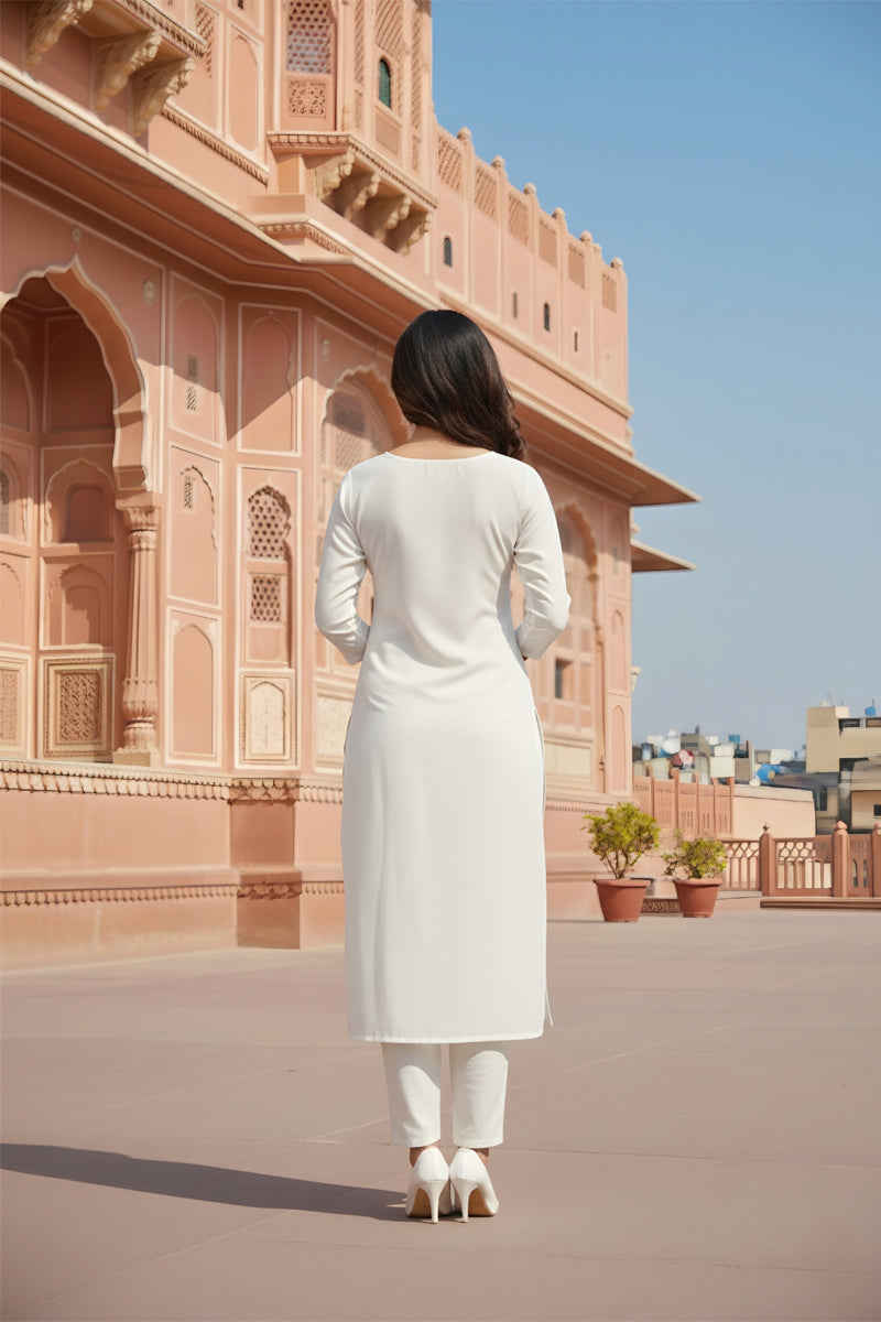 SRS Fashion White Embroidered Rayon Straight Kurta Set