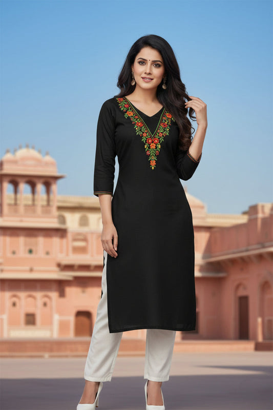 SRS Fashion Black Embroidered Rayon Straight Kurta Set