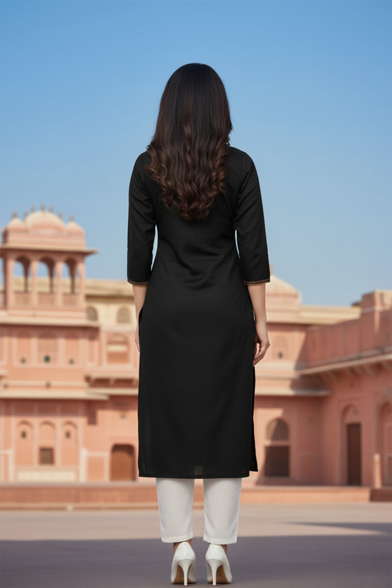SRS Fashion Black Embroidered Rayon Straight Kurta Set