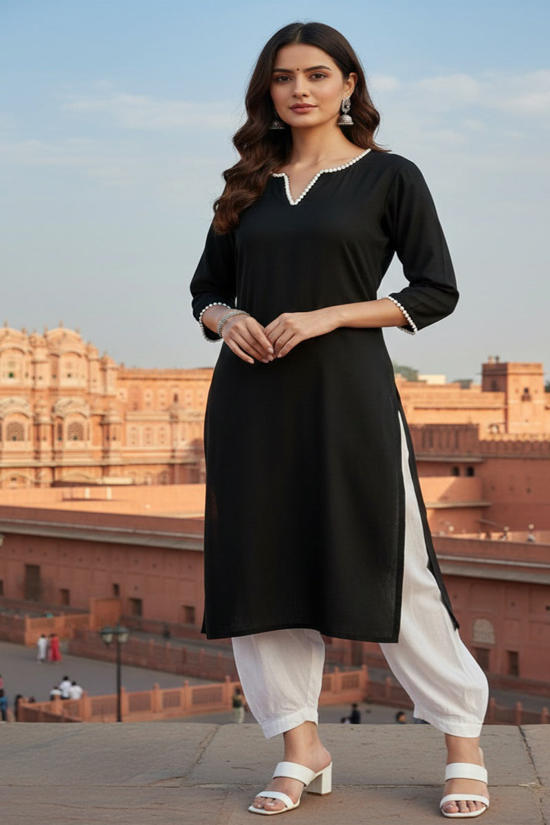 SRS Fashion Black Embroidered Rayon Straight Kurta Set
