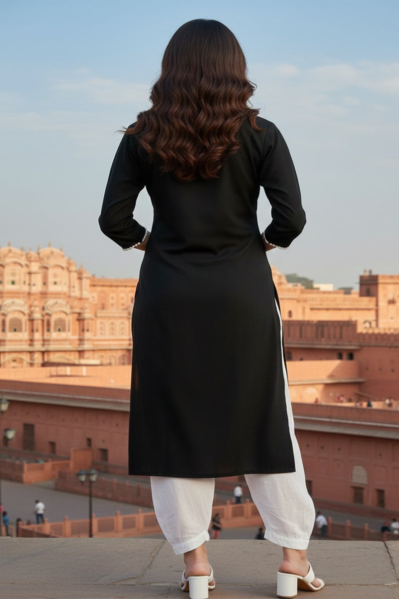 SRS Fashion Black Embroidered Rayon Straight Kurta Set