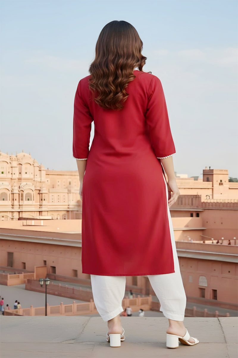 SRS Fashion Red Embroidered Rayon Straight Kurta Set