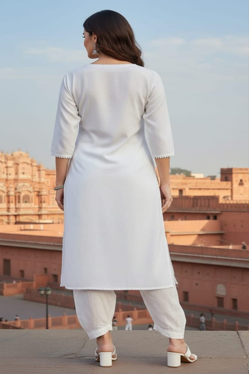 SRS Fashion White Embroidered Rayon Straight Kurta Set