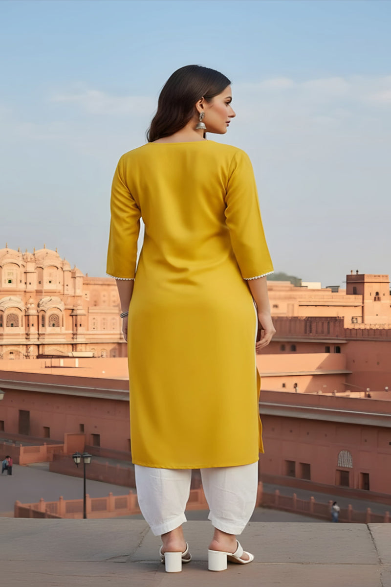 SRS Fashion Yellow Embroidered Rayon Straight Kurta Set