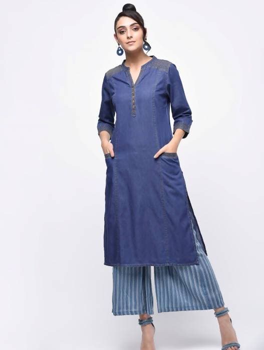 Aniyah Denim Princess Line Straight Kurta In Blue (AN-128K) | Grab2Buy