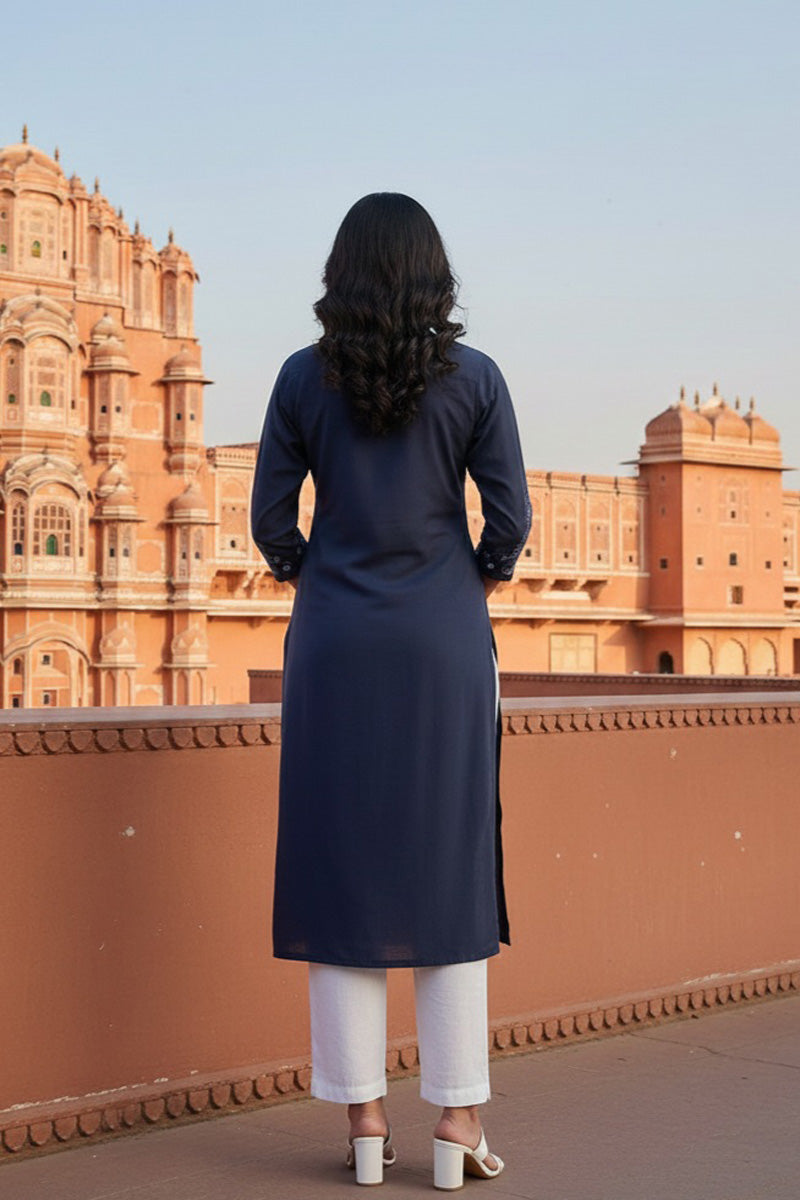 SRS Fashion Blue Embroidered Rayon Straight Kurta Set