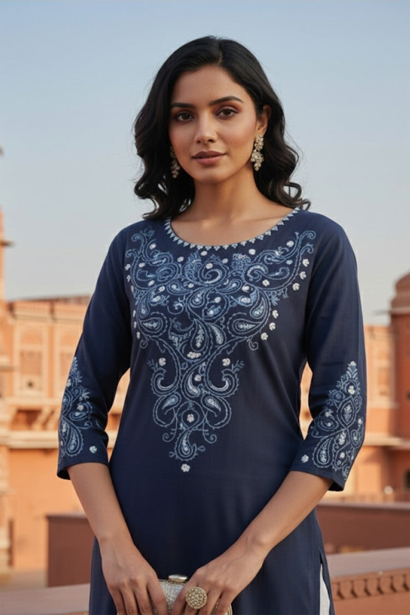 SRS Fashion Blue Embroidered Rayon Straight Kurta Set