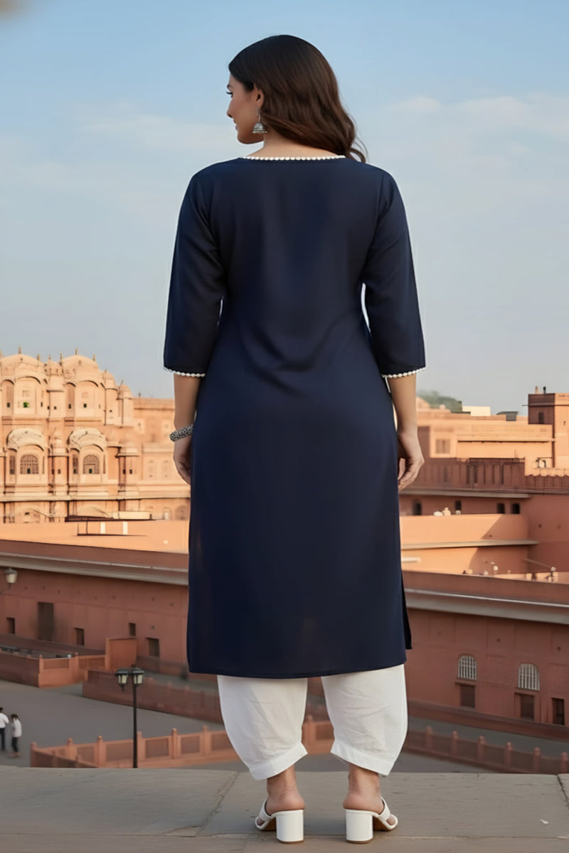 SRS Fashion Blue Embroidered Rayon Straight Kurta Set