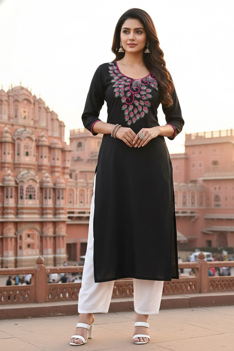 SRS Fashion Black Embroidered Rayon Straight Kurta Set