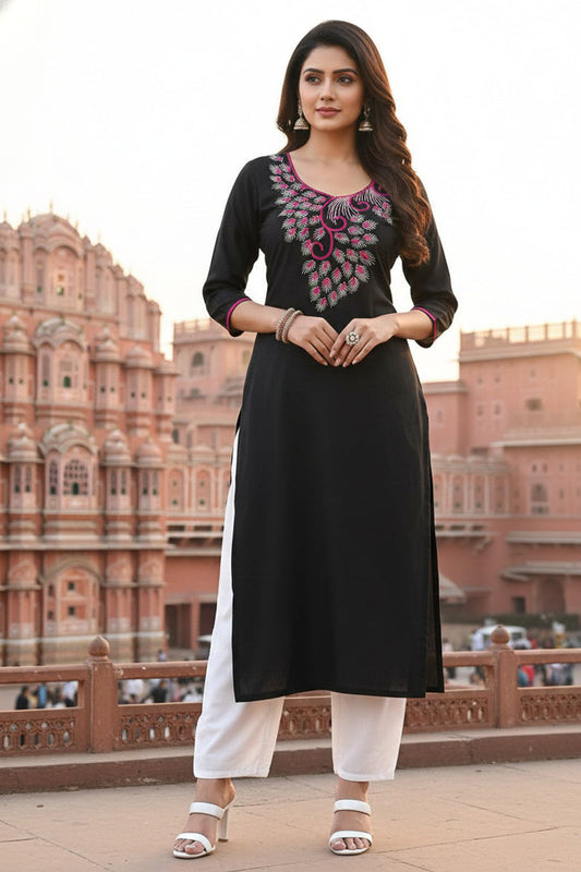 SRS Fashion Black Embroidered Rayon Straight Kurta Set