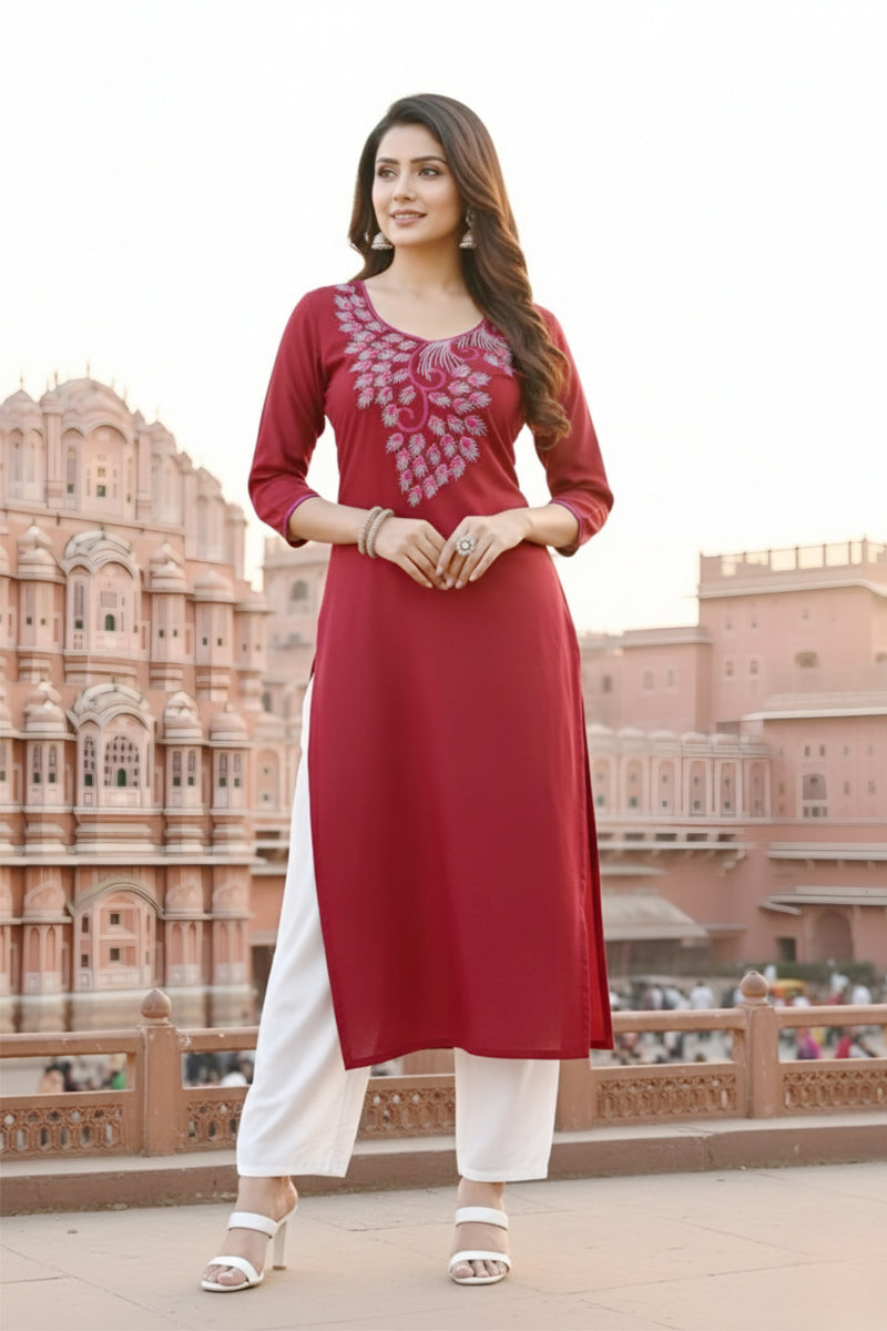 SRS Fashion Red Embroidered Rayon Straight Kurta Set