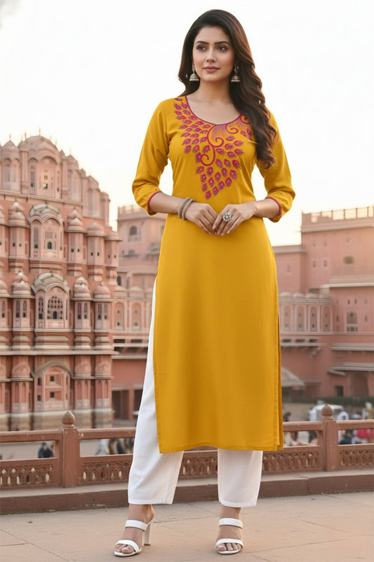 SRS Fashion Yellow Embroidered Rayon Straight Kurta Set