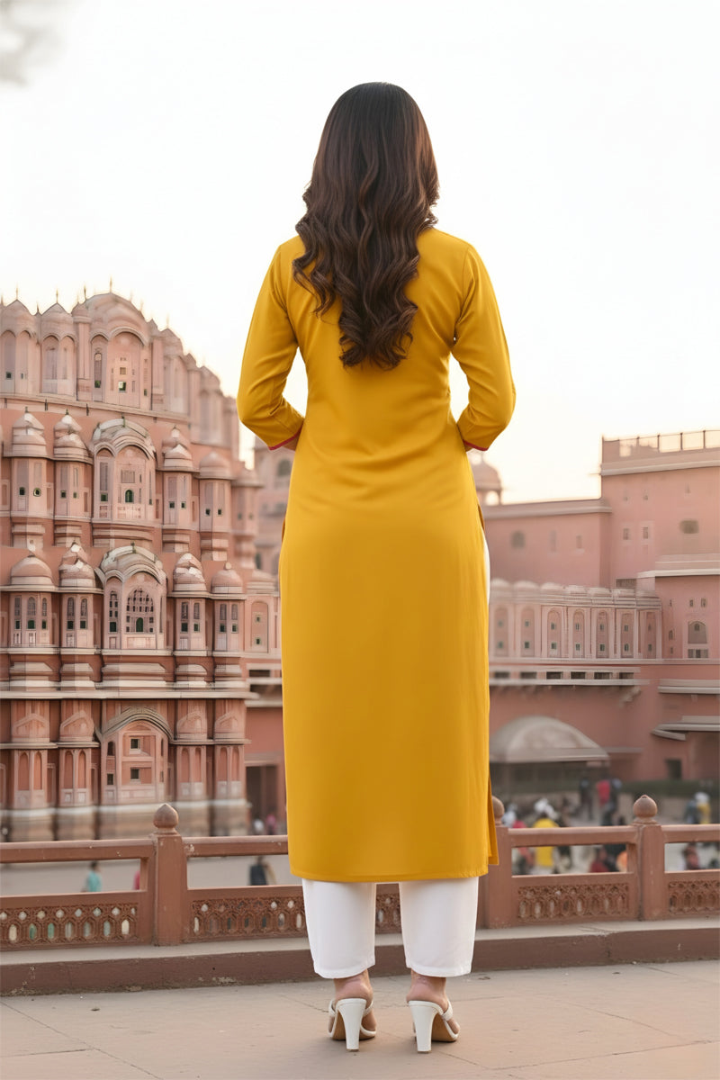 SRS Fashion Yellow Embroidered Rayon Straight Kurta Set