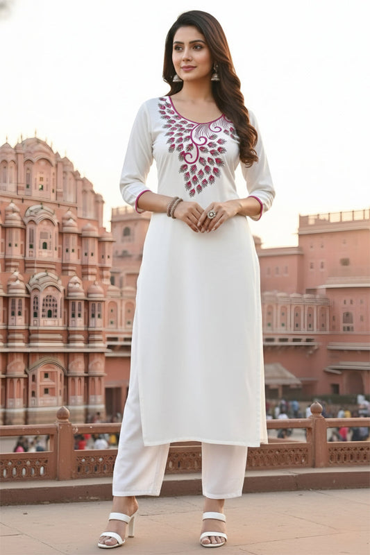 SRS Fashion White Embroidered Rayon Straight Kurta Set