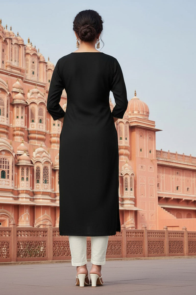 SRS Fashion Black Embroidered Rayon Straight Kurta Set