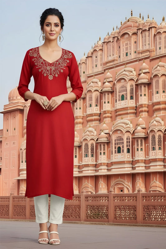 SRS Fashion Red Embroidered Rayon Straight Kurta Set