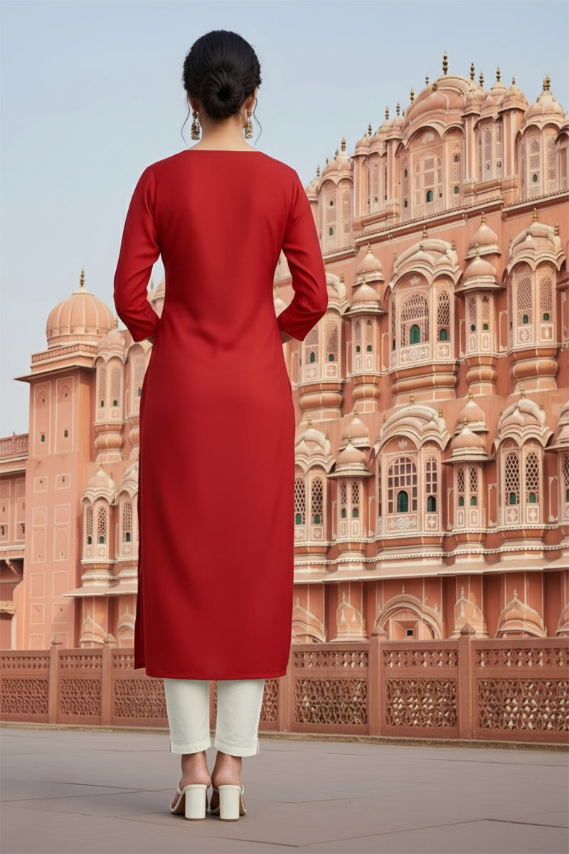 SRS Fashion Red Embroidered Rayon Straight Kurta Set