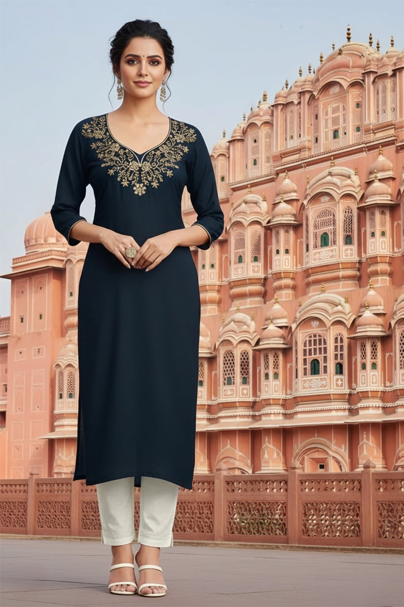 SRS Fashion Blue Embroidered Rayon Straight Kurta Set