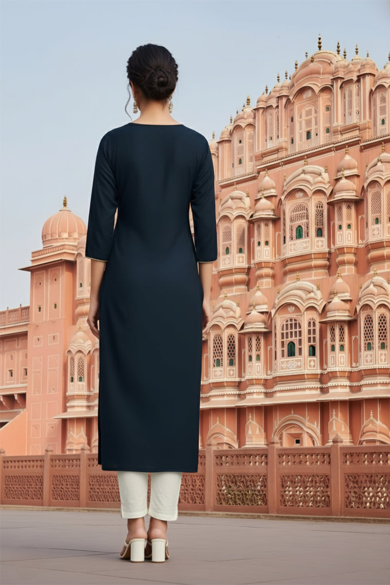 SRS Fashion Blue Embroidered Rayon Straight Kurta Set