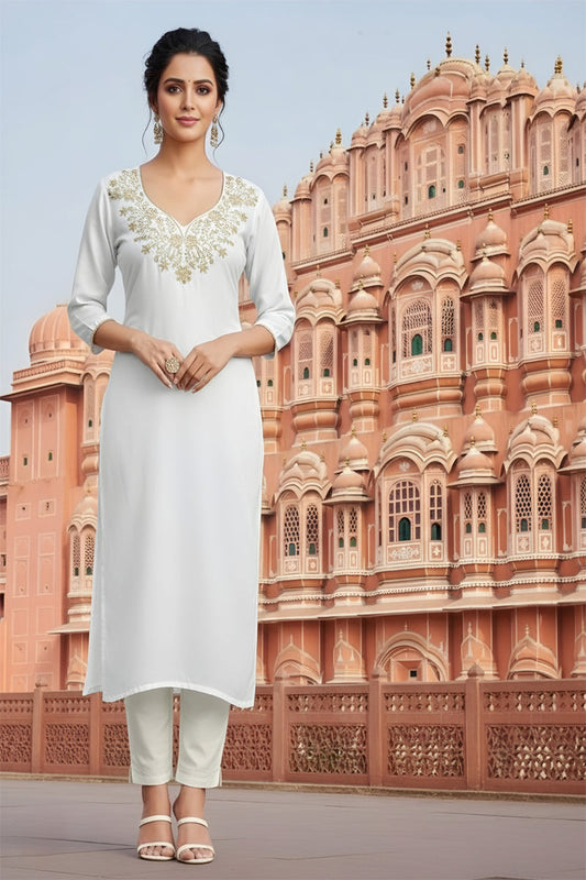 SRS Fashion White Embroidered Rayon Straight Kurta Set