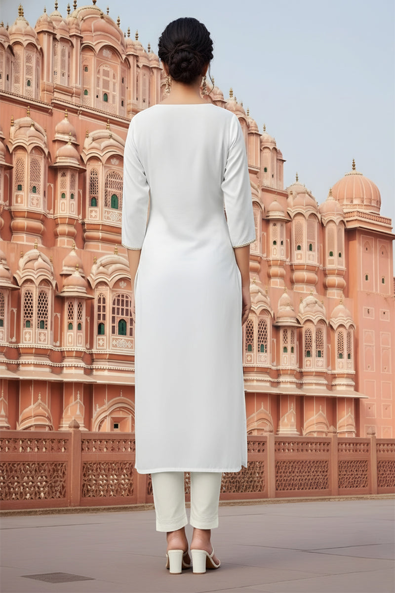 SRS Fashion White Embroidered Rayon Straight Kurta Set