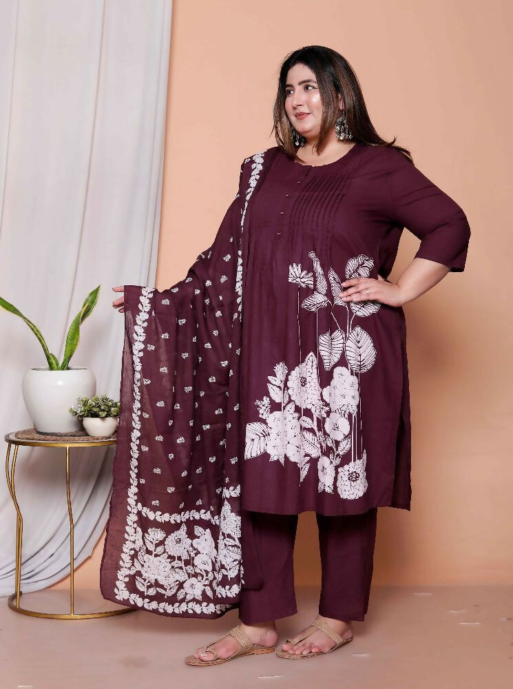 Miravan Womens Plus Size Wine Floral Kurta With Palazzo And Dupatta Set