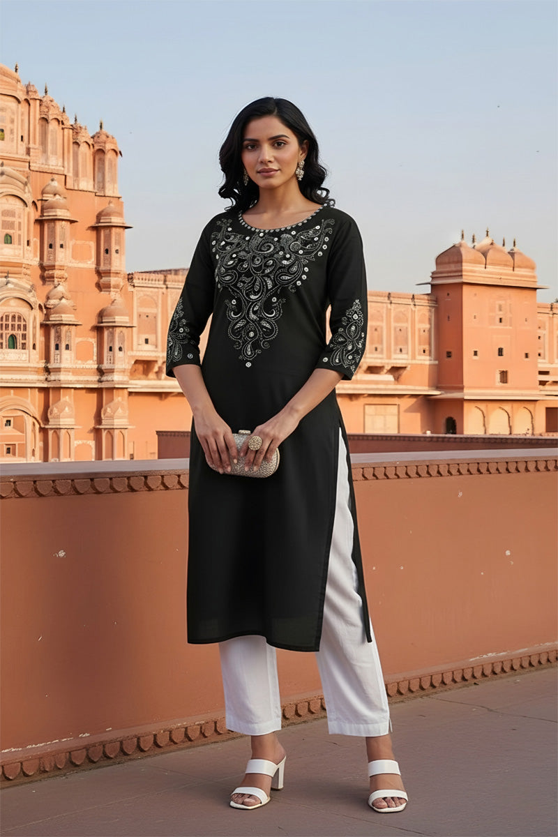 SRS Fashion Black Embroidered Rayon Straight Kurta Set