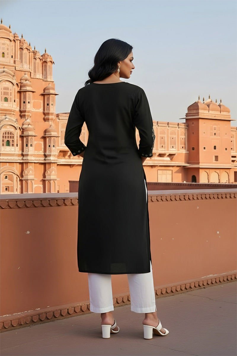 SRS Fashion Black Embroidered Rayon Straight Kurta Set