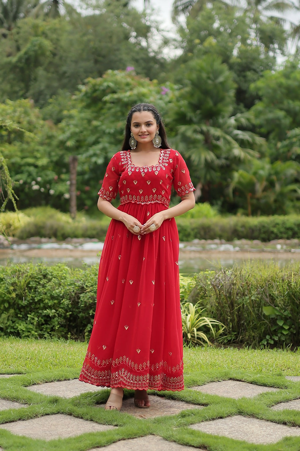 Joban Fashion Red Georgette Sequence Embroidery Work Gown