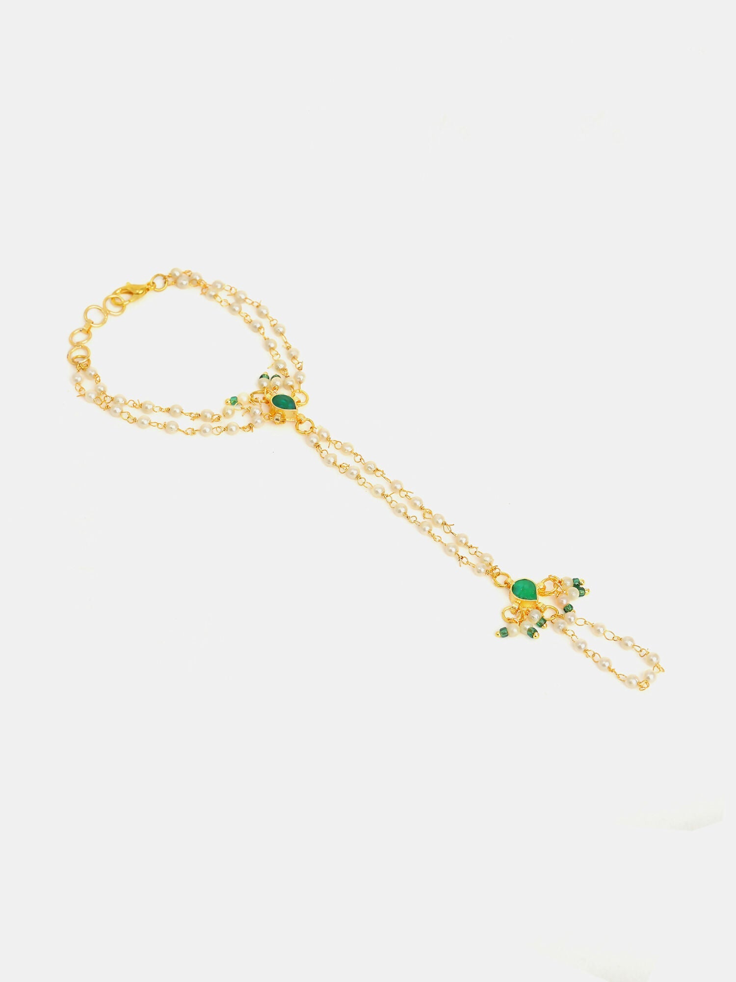 Ruby Raang Gold Hand Accessory With Green- White Kundan And Pearls