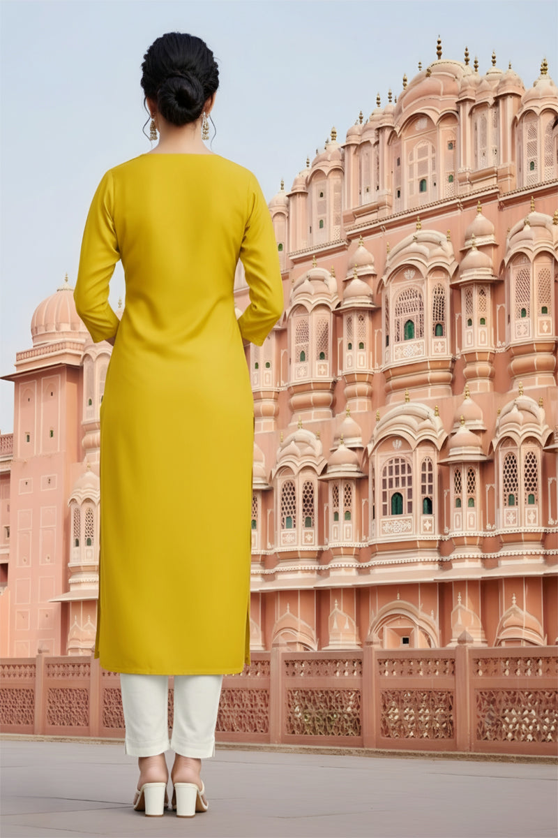 SRS Fashion Yellow Embroidered Rayon Straight Kurta Set