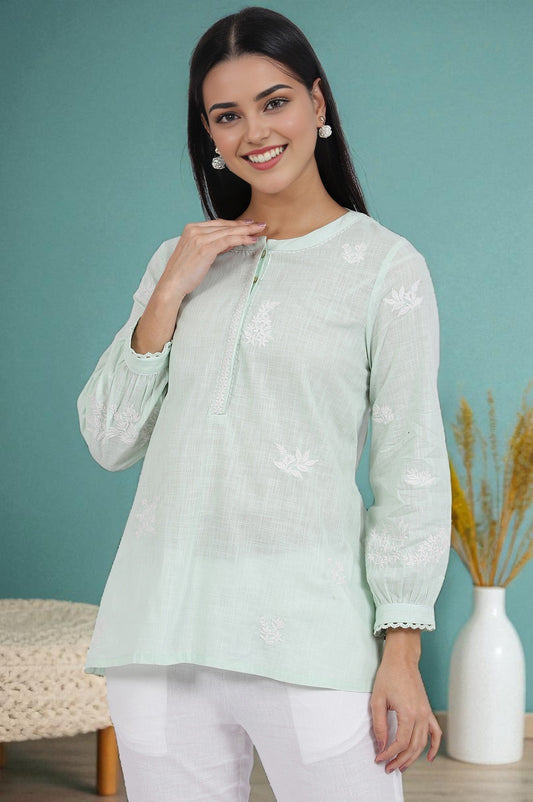 W for Woman Green Thread Embroidered Straight Pure Cotton Ethnic Top  Grab2Buy WforWoman Grab2Buy