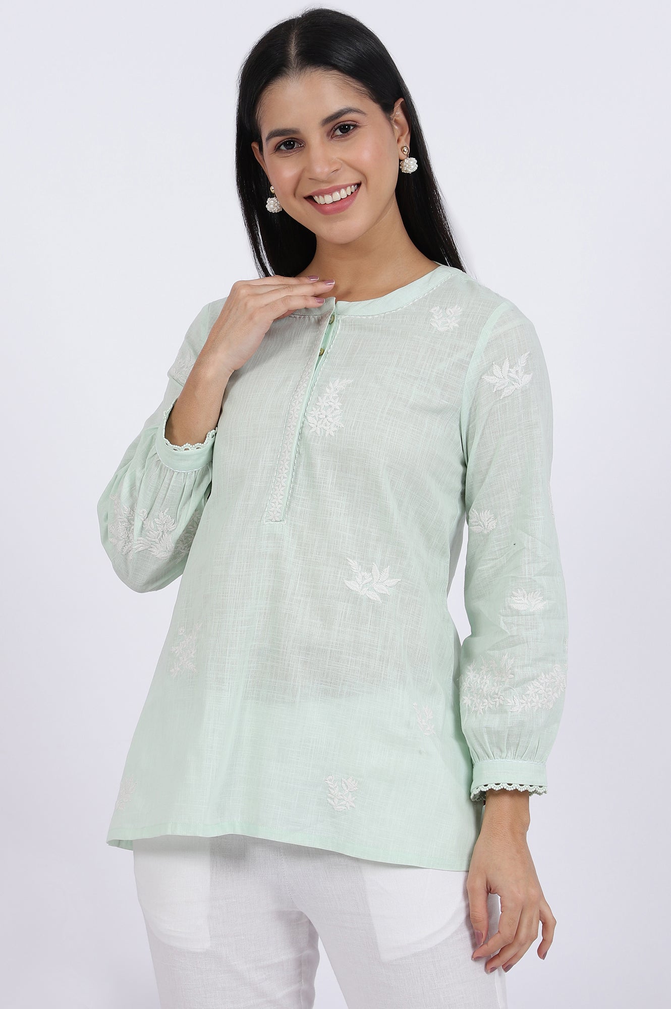 W for Woman Green Thread Embroidered Straight Pure Cotton Ethnic Top  Grab2Buy WforWoman Grab2Buy