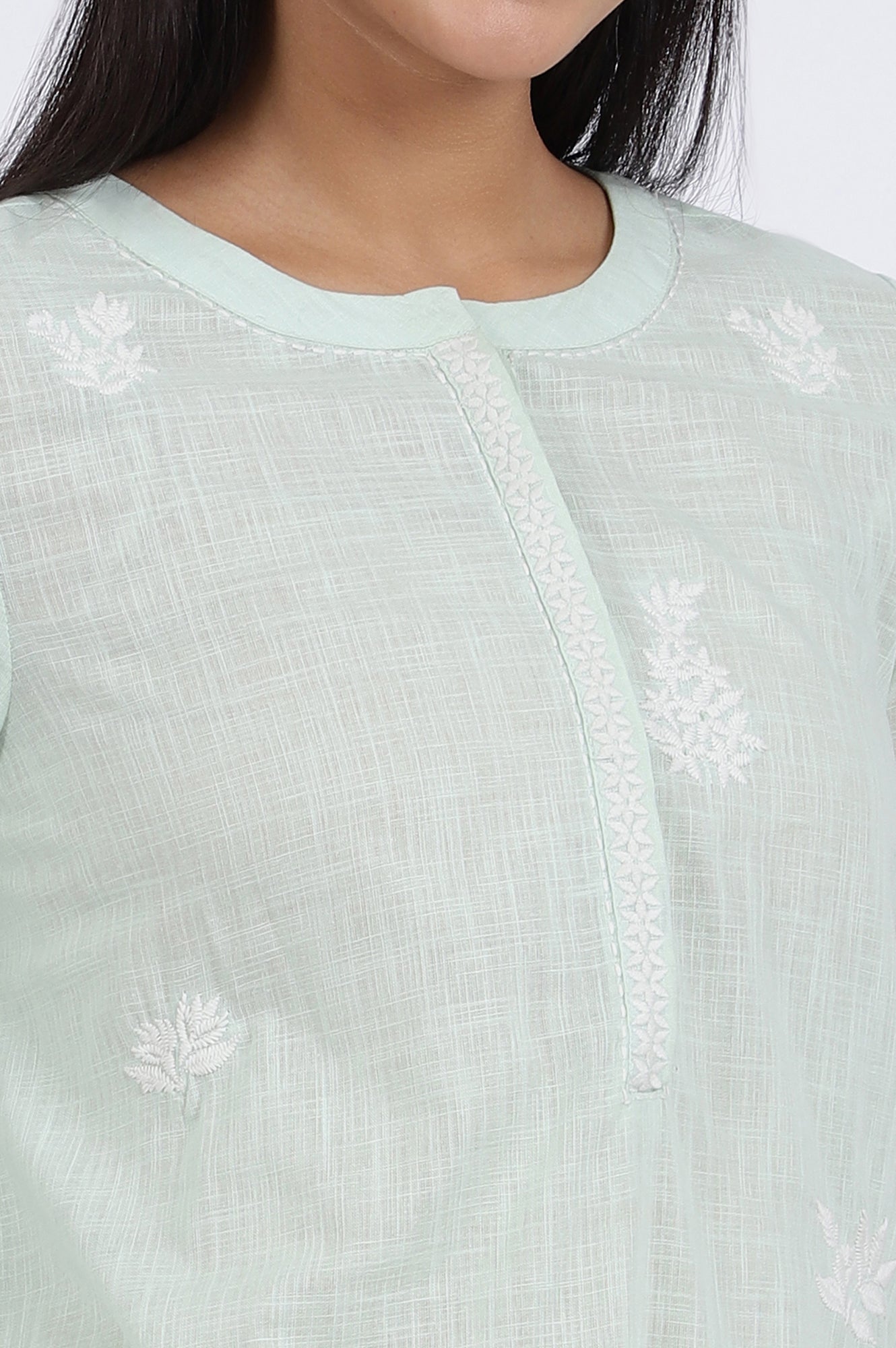 W for Woman Green Thread Embroidered Straight Pure Cotton Ethnic Top  Grab2Buy WforWoman Grab2Buy