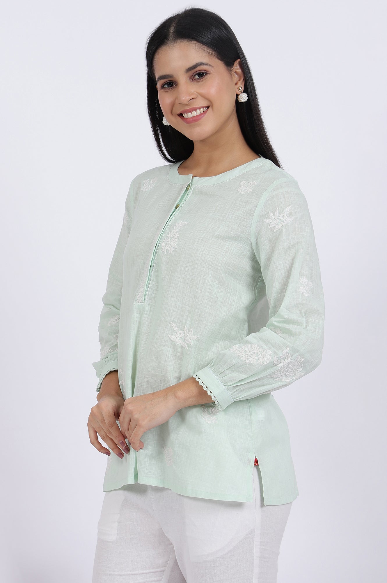 W for Woman Green Thread Embroidered Straight Pure Cotton Ethnic Top  Grab2Buy WforWoman Grab2Buy