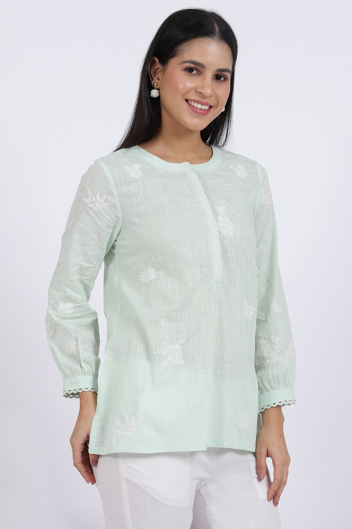 W for Woman Green Thread Embroidered Straight Pure Cotton Ethnic Top  Grab2Buy WforWoman Grab2Buy