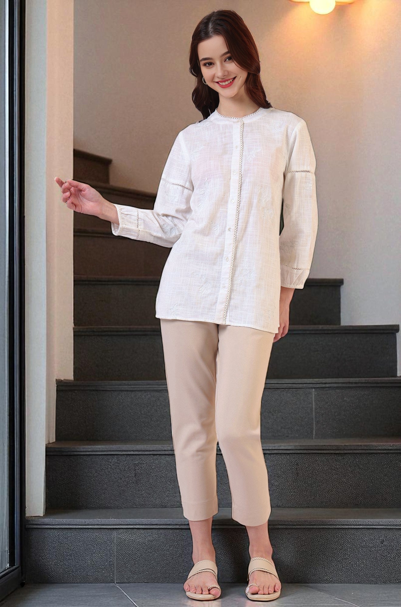 W for Woman White Pure Cotton Button Down Shirt With Tonal Embroidery  Grab2Buy WforWoman Grab2Buy