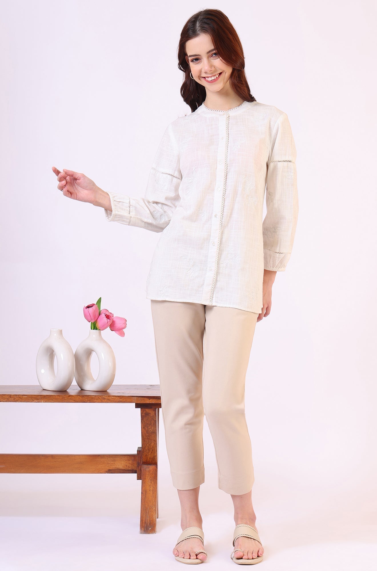 W for Woman White Pure Cotton Button Down Shirt With Tonal Embroidery  Grab2Buy WforWoman Grab2Buy